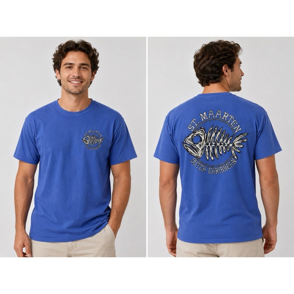 St Maarten Dutch Caribbean Fish Skeleton Graphic Tee Blue Comfort Wash Mens M